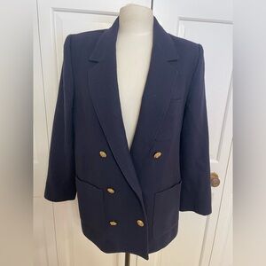 Vintage 100% Wool Navy Blue Double Breasted Blazer Gold Buttons 10